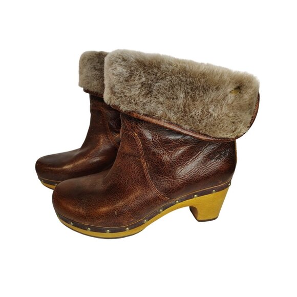UGG Size 6 Lynnea Chestnut Studded Distressed Clog Boot Foldover Shearling Cuff - Picture 2 of 11